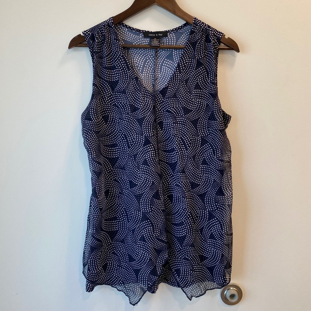 Adele & May Blouse Womens M Navy Blue Swirl Dot Sheer Overlay V-Neck Tank Top